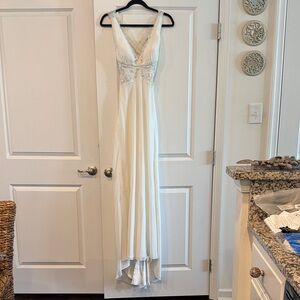 Elegant Cream V-Neck Wedding Dress with Beaded Waist